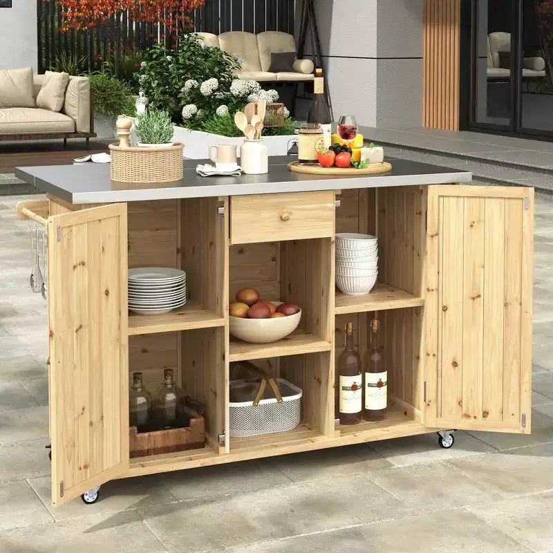 Isola da cucina per esterni con ripostiglio in legno di abete e piano in acciaio inossidabile