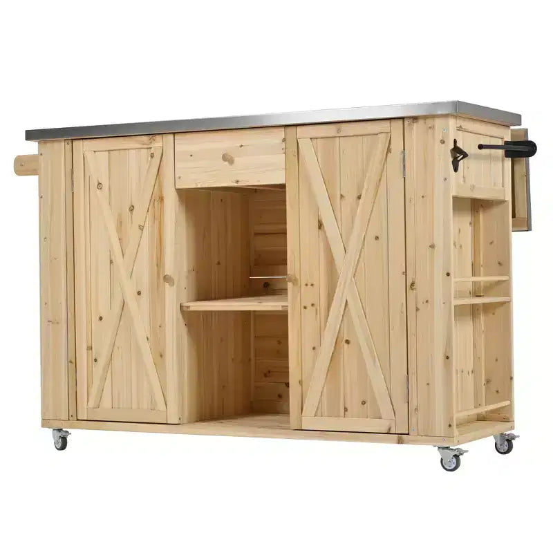 Isola da cucina per esterni con ripostiglio in legno di abete e piano in acciaio inossidabile