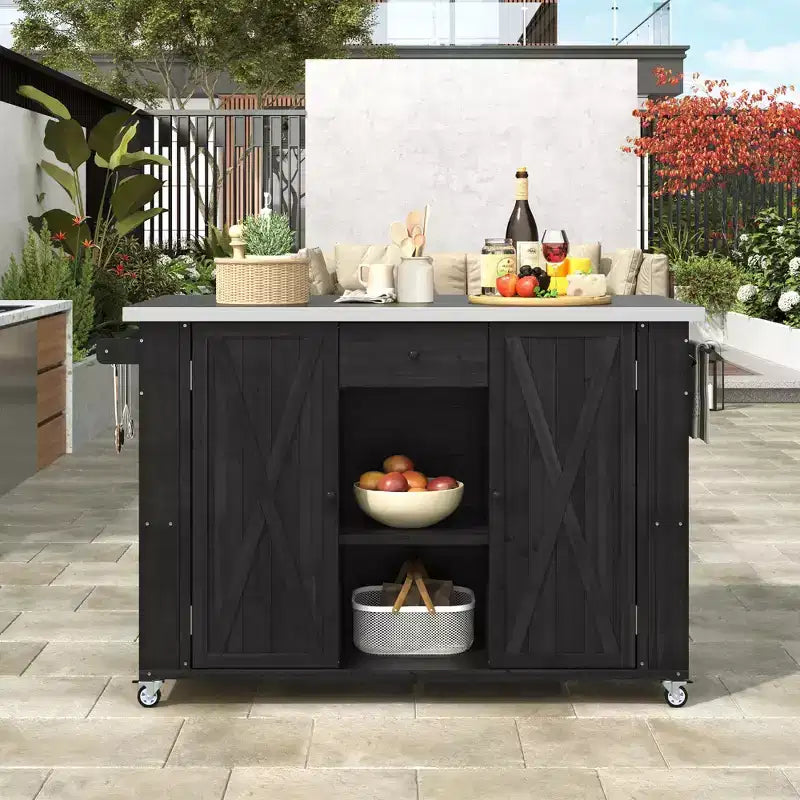 Outdoor Kitchen Storage Island Fir Wood Kitchen Island with Stainless Steel Top