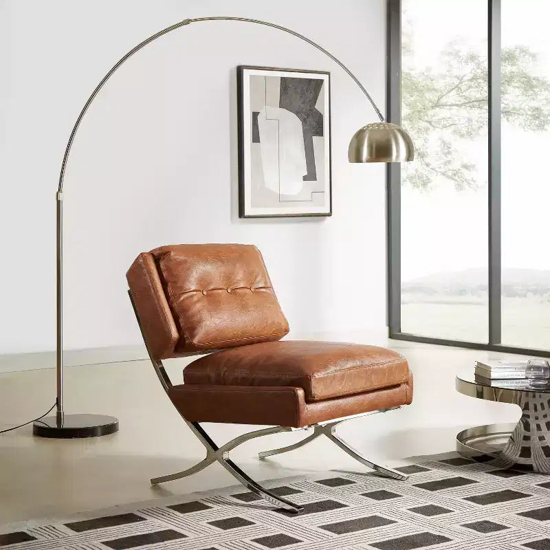 Art Leon Poltrona accent moderna di metà secolo, sedia senza braccioli rivestita in similpelle, poltrona singola con gambe in metallo