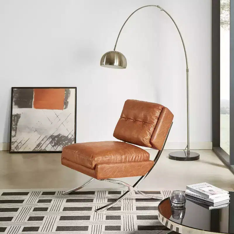 Art Leon Poltrona accent moderna di metà secolo, sedia senza braccioli rivestita in similpelle, poltrona singola con gambe in metallo