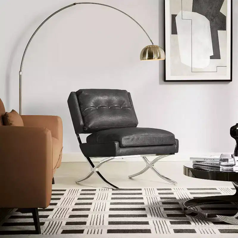 Art Leon Poltrona accent moderna di metà secolo, sedia senza braccioli rivestita in similpelle, poltrona singola con gambe in metallo