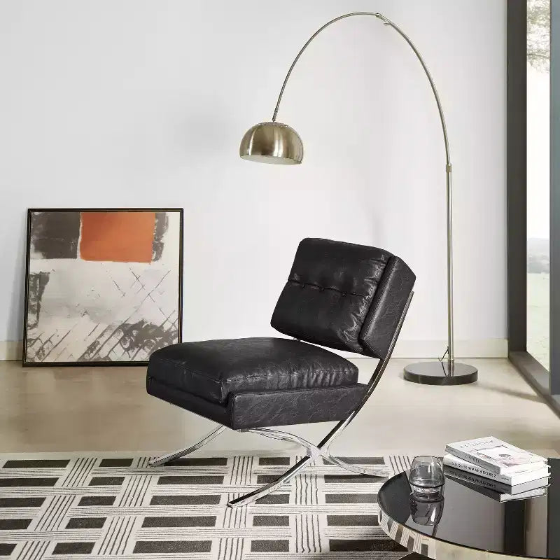 Art Leon Poltrona accent moderna di metà secolo, sedia senza braccioli rivestita in similpelle, poltrona singola con gambe in metallo