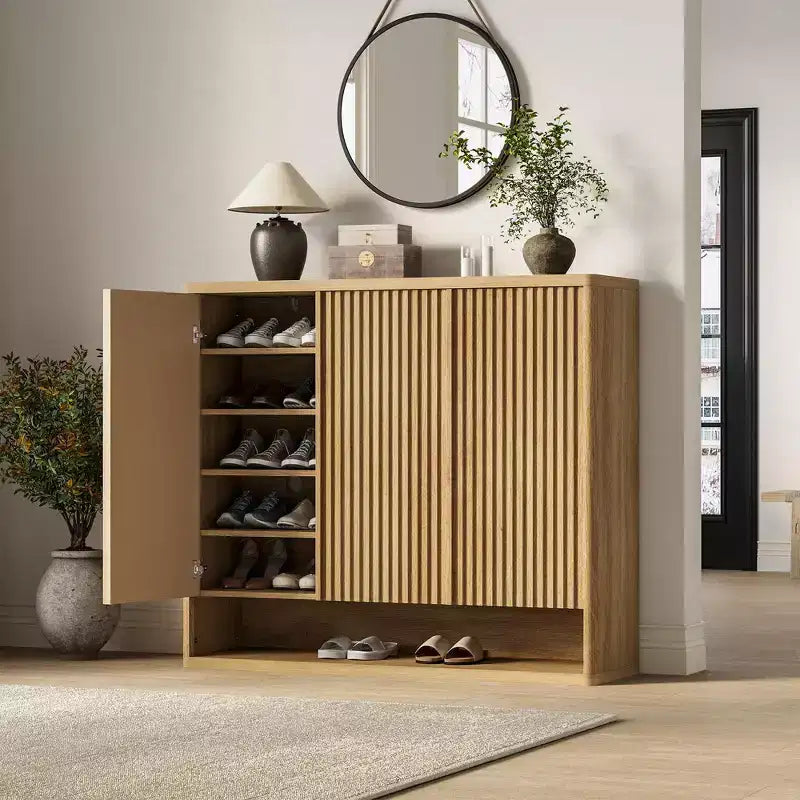 Scarpiera grande (46 coppie) con anta a coste e ripiani regolabili, capacità 30-35 paia, organizer per scarpe in legno da ingresso per soggiorno