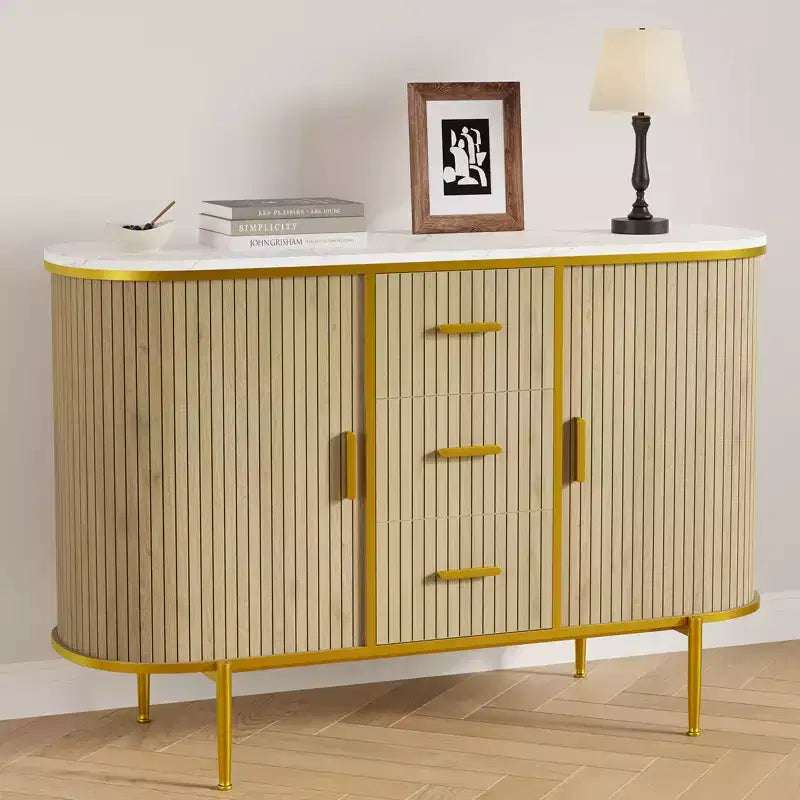 127 cm Modern Sideboard with Mid-Century Ribbed Details & Faux Marble Cover, Curved Profile Sliding Doors and Ample Storage Space