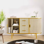 Madia moderna da 127 cm con dettagli a coste stile Mid-Century e rivestimento effetto marmo, ante scorrevoli a profilo curvo e ampio spazio di archiviazione