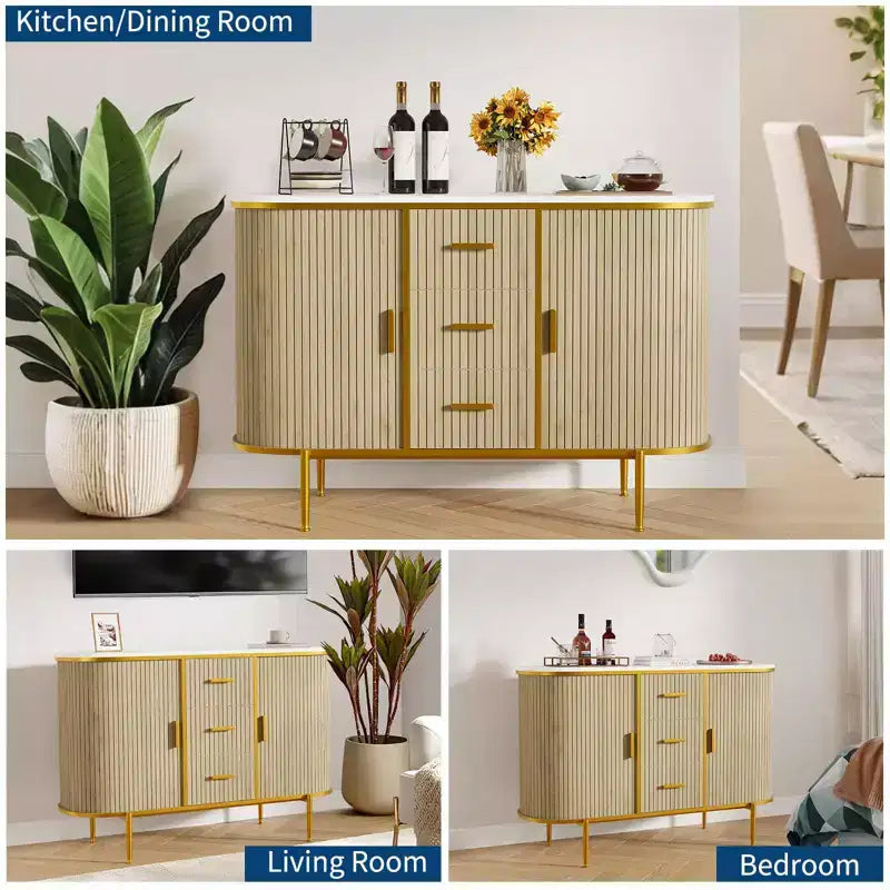Madia moderna da 127 cm con dettagli a coste stile Mid-Century e rivestimento effetto marmo, ante scorrevoli a profilo curvo e ampio spazio di archiviazione