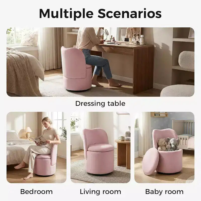 Sedia Girevole da Toilette con Contenitore, Sgabello Rotondo Imbottito da Trucco, Sedia Accento con Schienale, Sedile Morbido Imbottito per Camera da Letto, Soggiorno