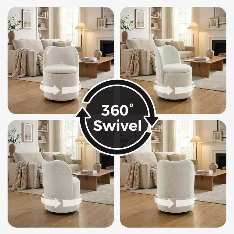 Sedia Girevole da Toilette con Contenitore, Sgabello Rotondo Imbottito da Trucco, Sedia Accento con Schienale, Sedile Morbido Imbottito per Camera da Letto, Soggiorno