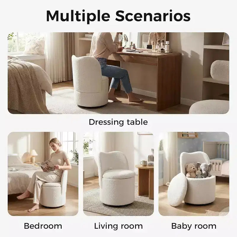 Sedia Girevole da Toilette con Contenitore, Sgabello Rotondo Imbottito da Trucco, Sedia Accento con Schienale, Sedile Morbido Imbottito per Camera da Letto, Soggiorno