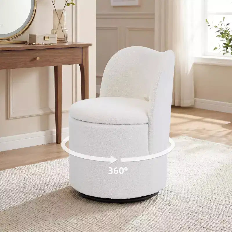 Sedia Girevole da Toilette con Contenitore, Sgabello Rotondo Imbottito da Trucco, Sedia Accento con Schienale, Sedile Morbido Imbottito per Camera da Letto, Soggiorno