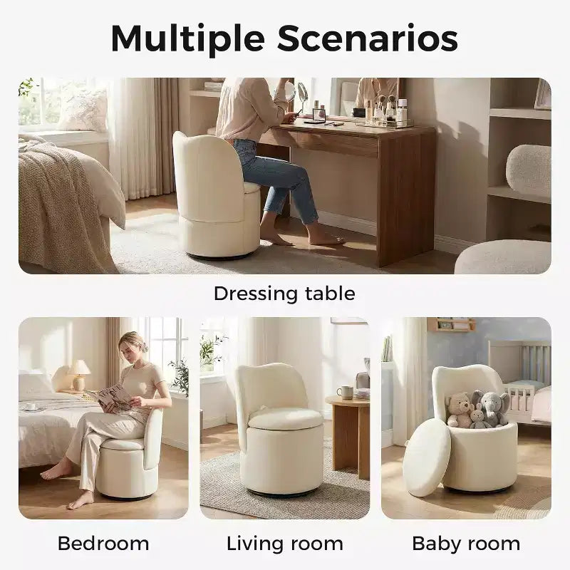 Sedia Girevole da Toilette con Contenitore, Sgabello Rotondo Imbottito da Trucco, Sedia Accento con Schienale, Sedile Morbido Imbottito per Camera da Letto, Soggiorno