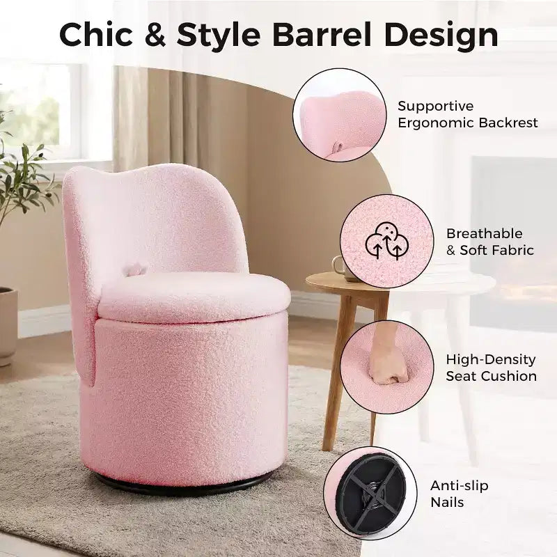 Sedia Girevole da Toilette con Contenitore, Sgabello Rotondo Imbottito da Trucco, Sedia Accento con Schienale, Sedile Morbido Imbottito per Camera da Letto, Soggiorno