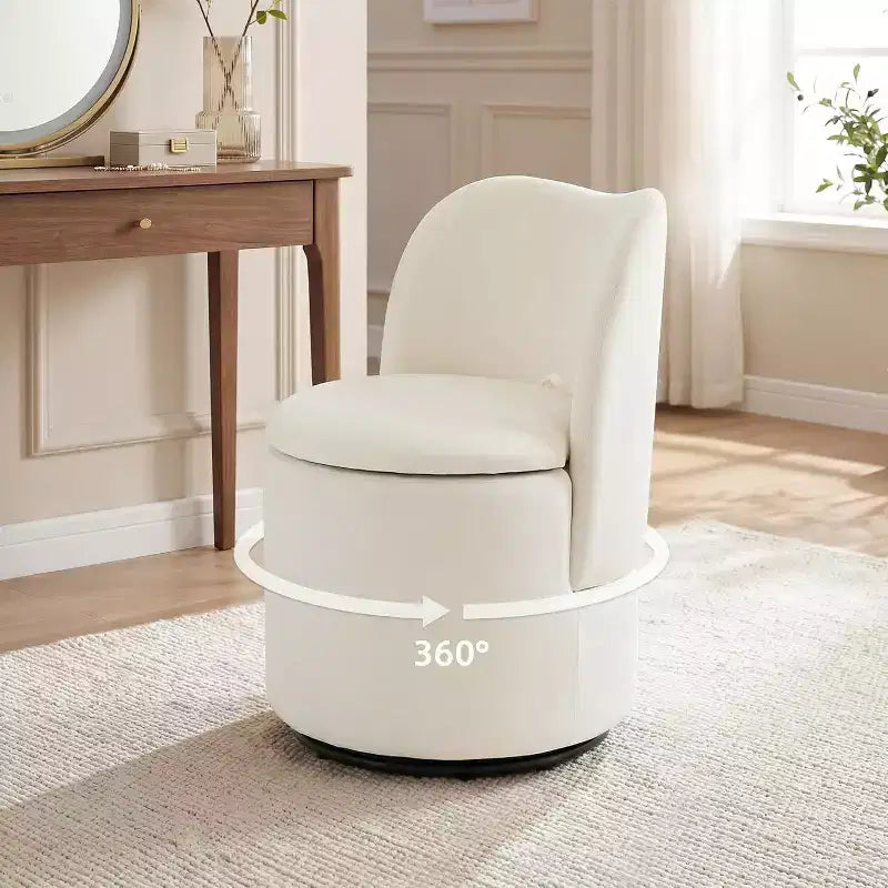 Sedia Girevole da Toilette con Contenitore, Sgabello Rotondo Imbottito da Trucco, Sedia Accento con Schienale, Sedile Morbido Imbottito per Camera da Letto, Soggiorno
