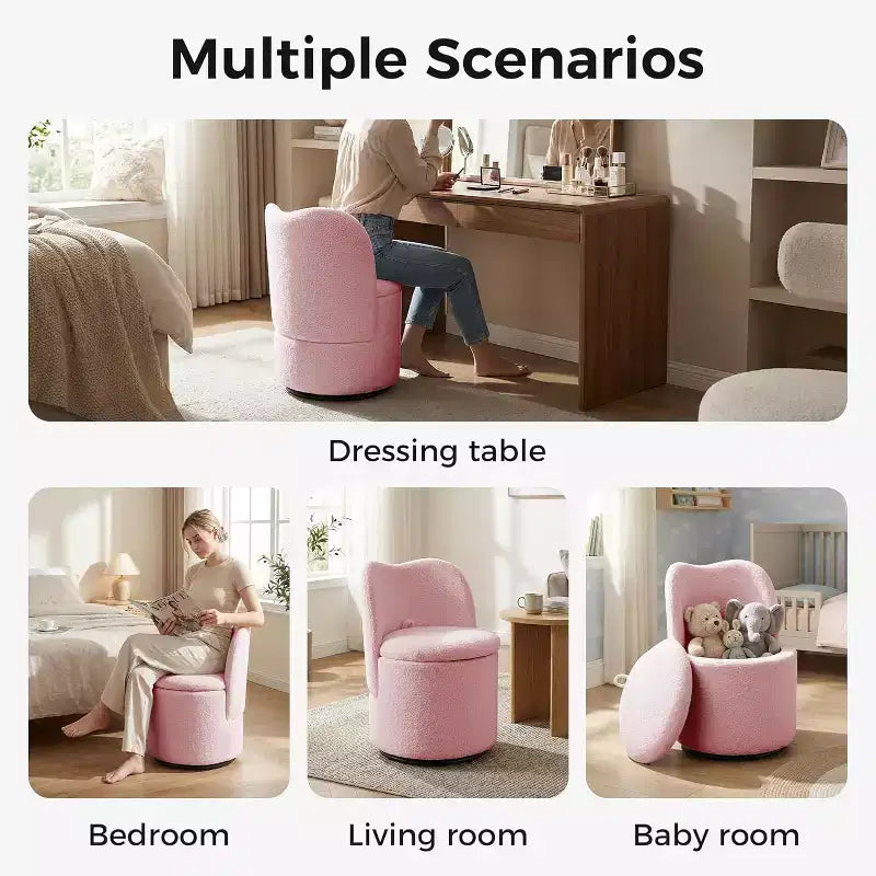 Sedia Girevole da Toilette con Contenitore, Sgabello Rotondo Imbottito da Trucco, Sedia Accento con Schienale, Sedile Morbido Imbottito per Camera da Letto, Soggiorno