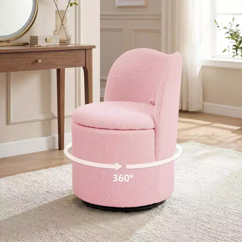 Sedia Girevole da Toilette con Contenitore, Sgabello Rotondo Imbottito da Trucco, Sedia Accento con Schienale, Sedile Morbido Imbottito per Camera da Letto, Soggiorno