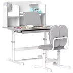Qaba Kids Desk and Chair Set, Height Adjustable Kids School Study Desk and Chair Set with Tilt Desktop, Storage Drawer and Reading Rack, Gray