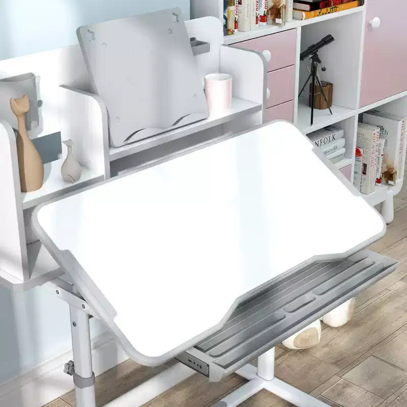 Scrivania e sedia Qaba per bambini, set scrivania e sedia da studio per bambini regolabile in altezza con piano inclinabile, cassetto portaoggetti e leggio, grigio