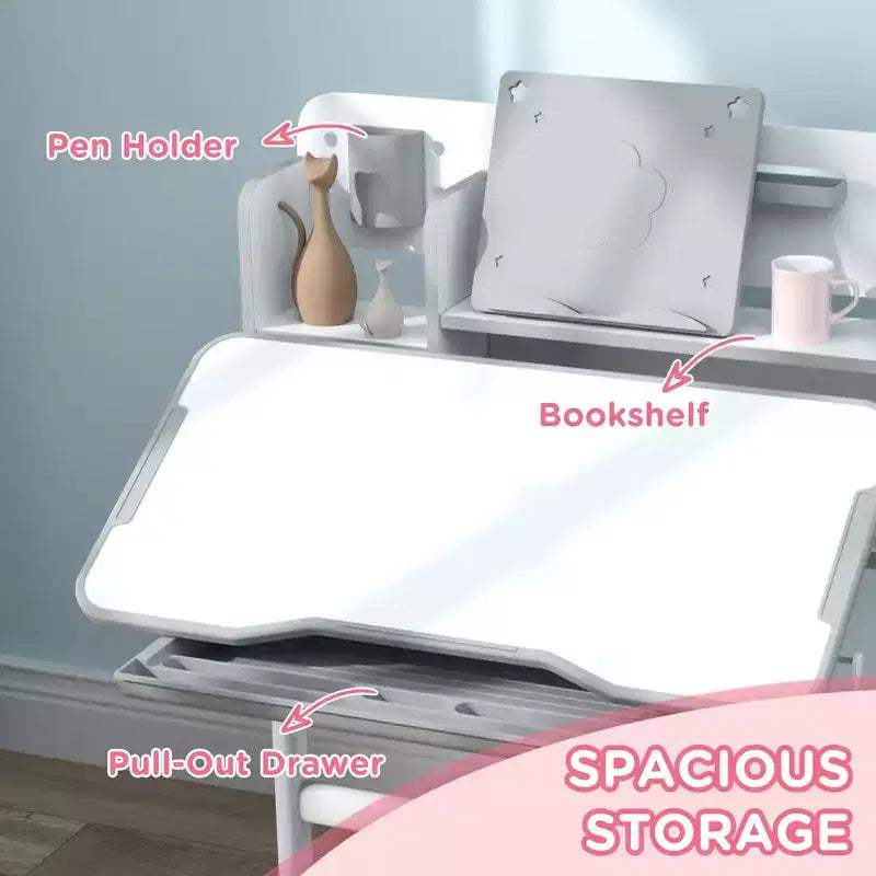 Scrivania e sedia Qaba per bambini, set scrivania e sedia da studio per bambini regolabile in altezza con piano inclinabile, cassetto portaoggetti e leggio, grigio