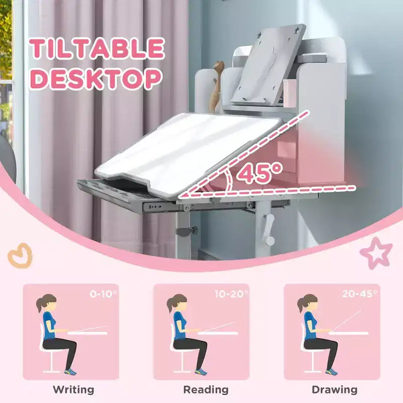 Scrivania e sedia Qaba per bambini, set scrivania e sedia da studio per bambini regolabile in altezza con piano inclinabile, cassetto portaoggetti e leggio, grigio