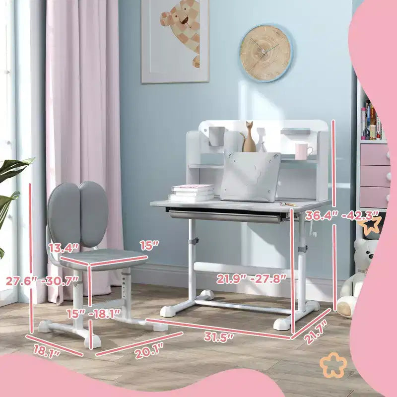 Scrivania e sedia Qaba per bambini, set scrivania e sedia da studio per bambini regolabile in altezza con piano inclinabile, cassetto portaoggetti e leggio, grigio