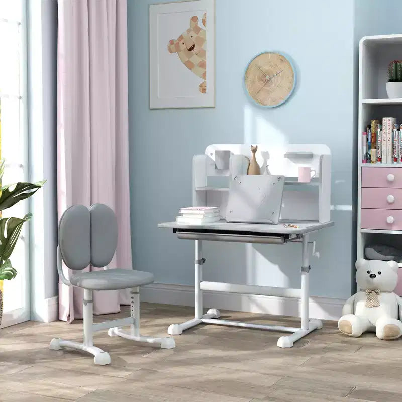 Scrivania e sedia Qaba per bambini, set scrivania e sedia da studio per bambini regolabile in altezza con piano inclinabile, cassetto portaoggetti e leggio, grigio