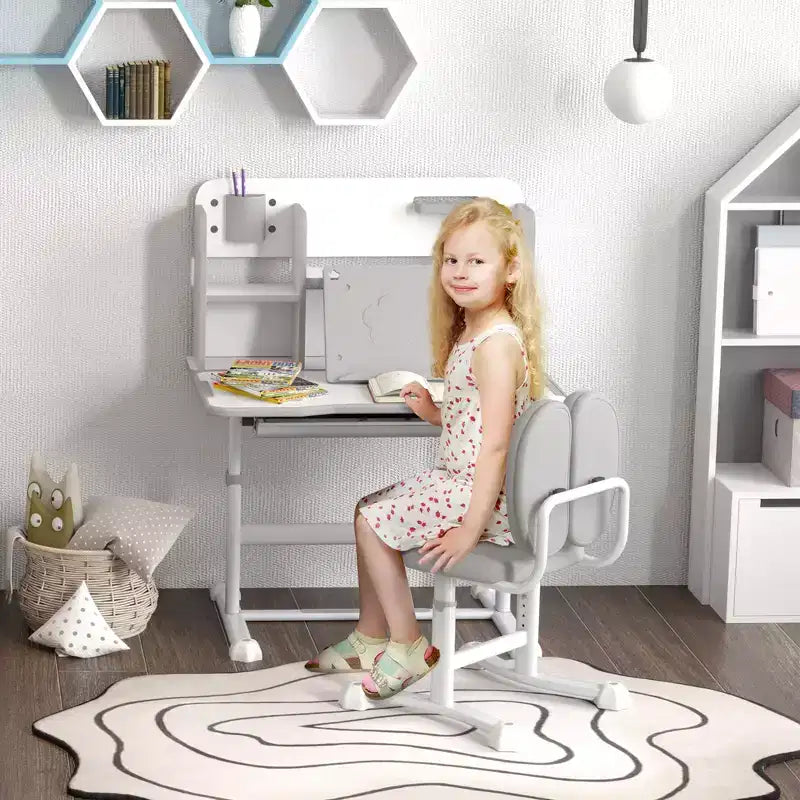 Scrivania e sedia Qaba per bambini, set scrivania e sedia da studio per bambini regolabile in altezza con piano inclinabile, cassetto portaoggetti e leggio, grigio