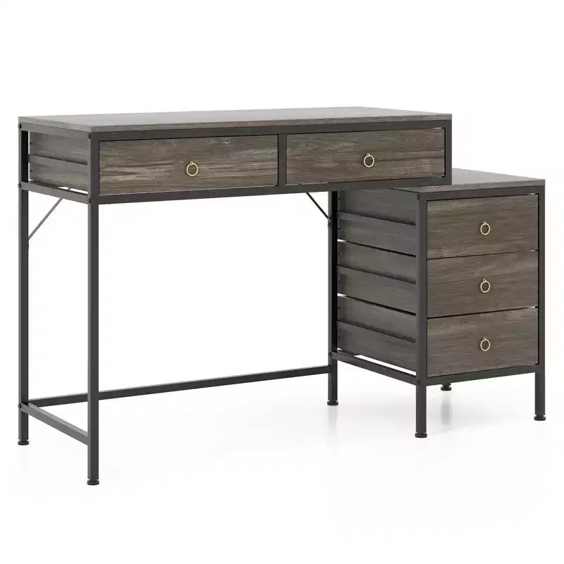 Scrivania per computer Costway con 5 cassetti, schedario laterale, struttura in metallo resistente per ufficio Marrone rustico/Grigio/Bianco e Nero