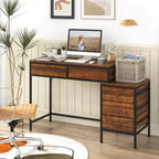 Scrivania per computer Costway con 5 cassetti, schedario laterale, struttura in metallo resistente per ufficio Marrone rustico/Grigio/Bianco e Nero