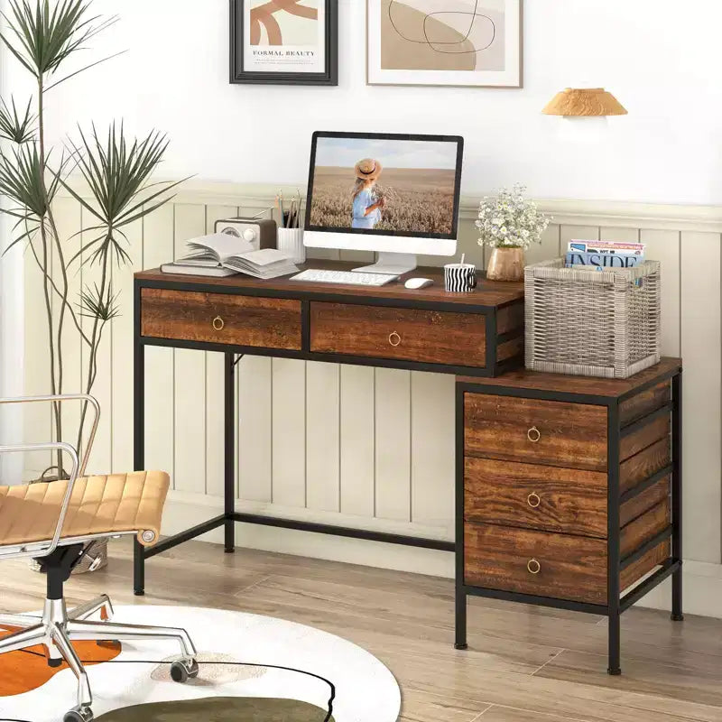 Scrivania per computer Costway con 5 cassetti, schedario laterale, struttura in metallo resistente per ufficio Marrone rustico/Grigio/Bianco e Nero