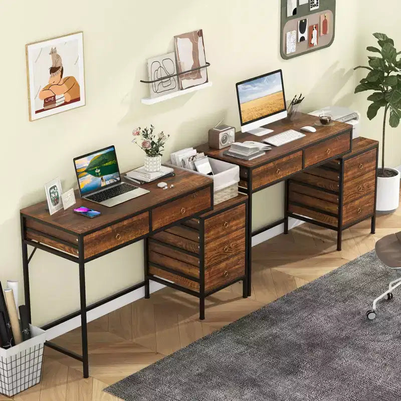 Scrivania per computer Costway con 5 cassetti, schedario laterale, struttura in metallo resistente per ufficio Marrone rustico/Grigio/Bianco e Nero