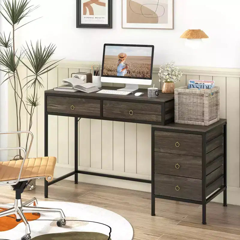 Scrivania per computer Costway con 5 cassetti, schedario laterale, struttura in metallo resistente per ufficio Marrone rustico/Grigio/Bianco e Nero