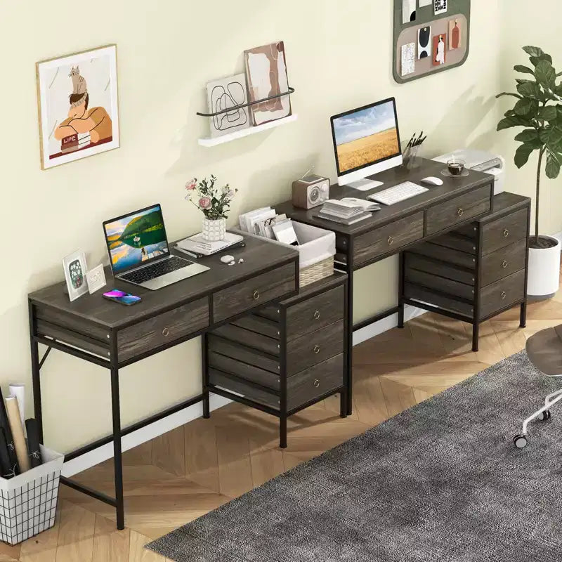 Scrivania per computer Costway con 5 cassetti, schedario laterale, struttura in metallo resistente per ufficio Marrone rustico/Grigio/Bianco e Nero