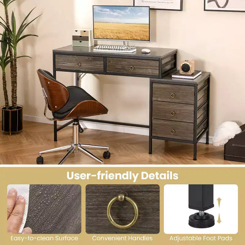 Scrivania per computer Costway con 5 cassetti, schedario laterale, struttura in metallo resistente per ufficio Marrone rustico/Grigio/Bianco e Nero