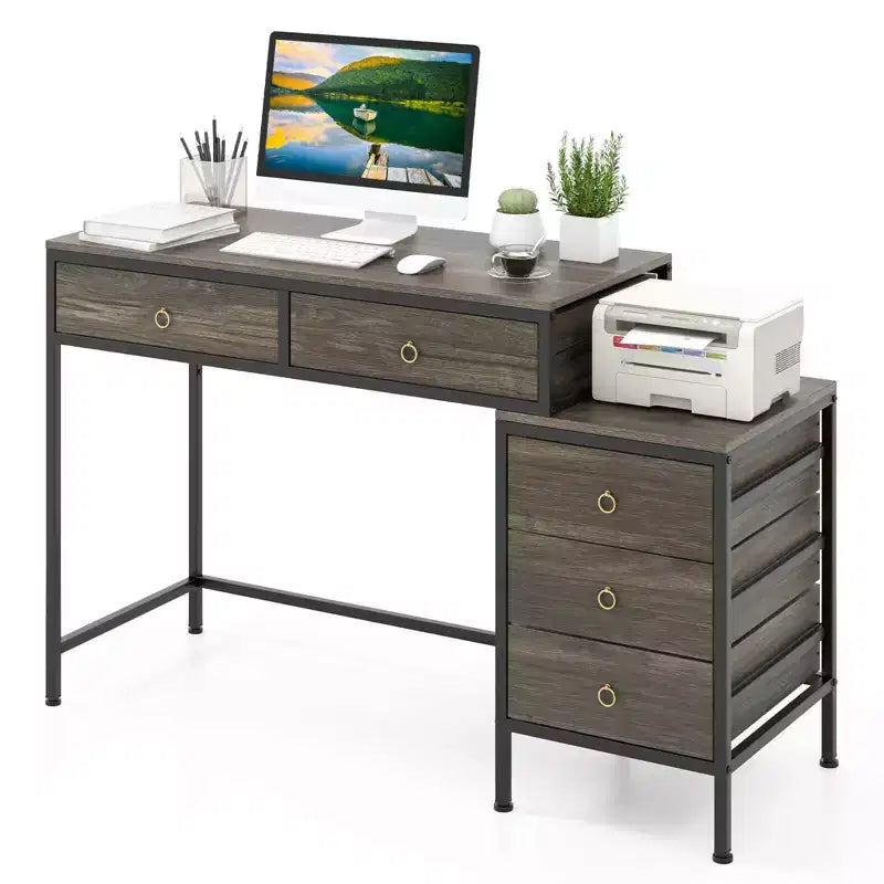 Costway Computer Desk with 5 Drawers, Side File Cabinet, Heavy-duty Metal Frame for Office Rustic Brown/Gray/White & Black