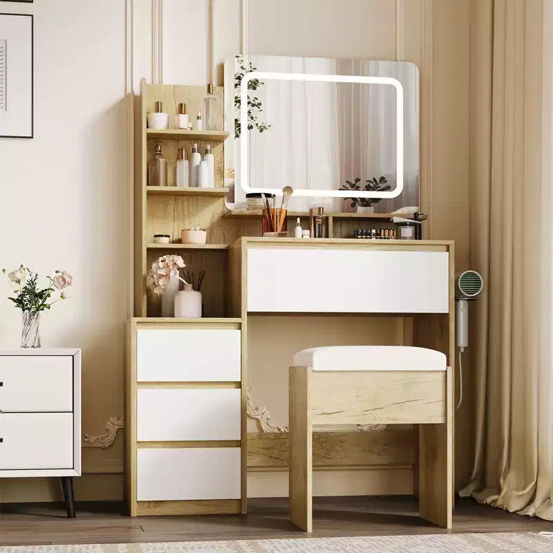 36-Inch Makeup Modern Vanity Table for Bedroom, 4 Large Drawers, 3 Lighting Modes, Storage Shelves