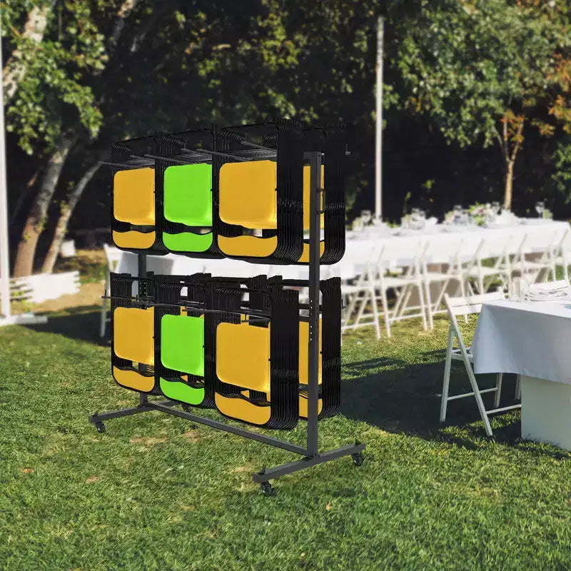 Carrello portasedie pieghevoli per uso intensivo, capacità 84 sedie o 42 sedie + 12 tavoli, ruote con blocco a 360°, telo di copertura resistente alle intemperie, corde fisse