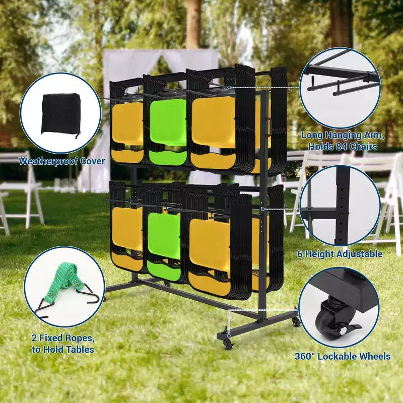 Carrello portasedie pieghevoli per uso intensivo, capacità 84 sedie o 42 sedie + 12 tavoli, ruote con blocco a 360°, telo di copertura resistente alle intemperie, corde fisse