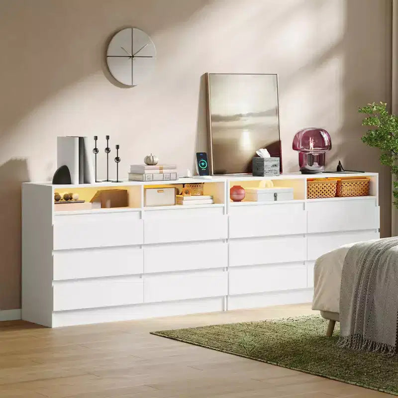 6 Drawer Dresser with LED Light and Charging Station, 2pcs Storage Chest with Power Outlet, Accent Double Dresser for Bedroom Living Room, White