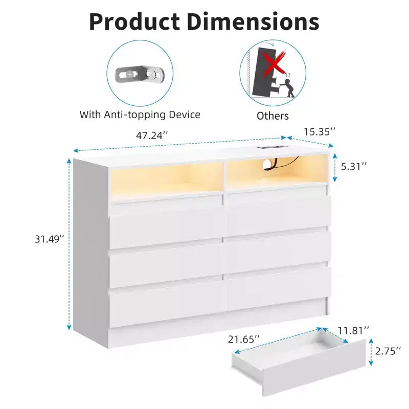 Cassettiera a 6 cassetti con luce LED e stazione di ricarica, mobile contenitore da 2 pezzi con presa di corrente, cassettiera doppia d'accento per camera da letto e soggiorno, bianca