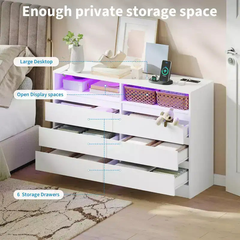 Cassettiera a 6 cassetti con luce LED e stazione di ricarica, mobile contenitore da 2 pezzi con presa di corrente, cassettiera doppia d'accento per camera da letto e soggiorno, bianca