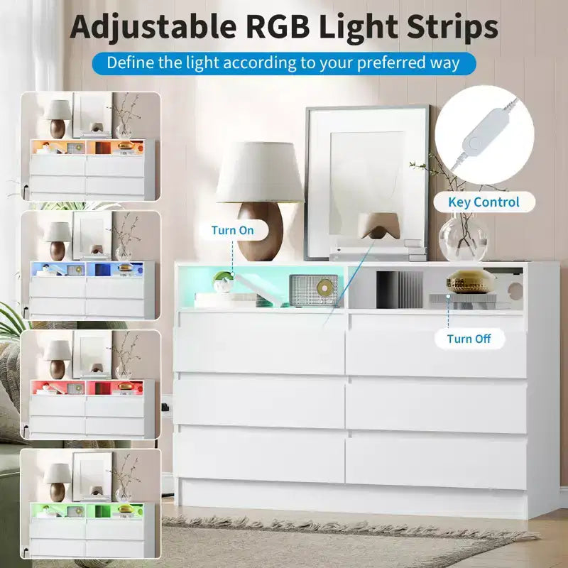Cassettiera a 6 cassetti con luce LED e stazione di ricarica, mobile contenitore da 2 pezzi con presa di corrente, cassettiera doppia d'accento per camera da letto e soggiorno, bianca
