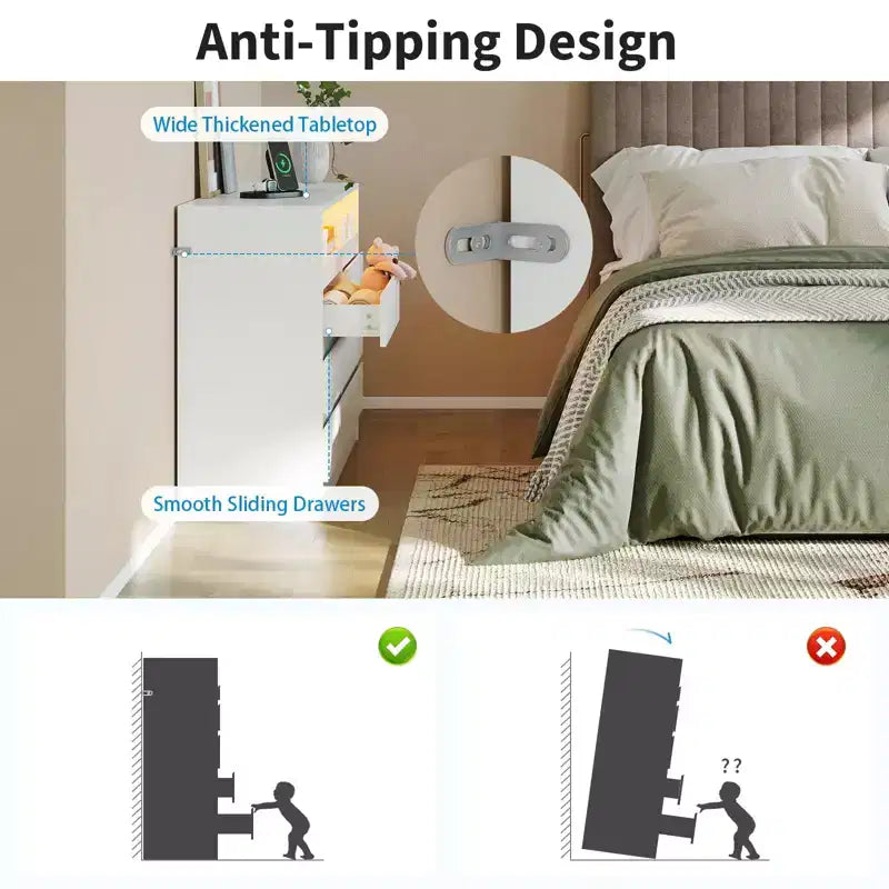Cassettiera a 6 cassetti con luce LED e stazione di ricarica, mobile contenitore da 2 pezzi con presa di corrente, cassettiera doppia d'accento per camera da letto e soggiorno, bianca