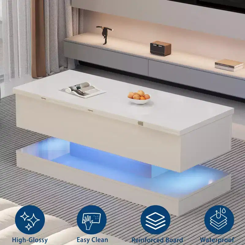 Tavolino da caffè galleggiante a LED - 120 cm con piano sollevabile grande, moderno lucido, tavolo contenitore a LED, controllo tramite APP, per soggiorno, sala da pranzo, ufficio