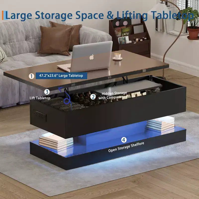 Tavolino da caffè galleggiante a LED - 120 cm con piano sollevabile grande, moderno lucido, tavolo contenitore a LED, controllo tramite APP, per soggiorno, sala da pranzo, ufficio