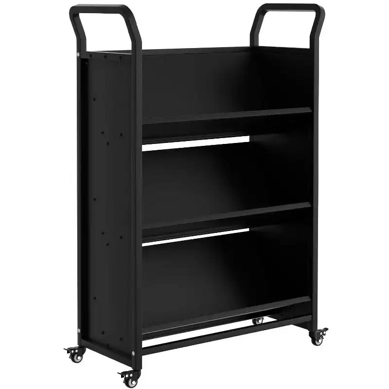 V-Shaped Metal Rolling Cart, 4 Lockable Wheels & Side Hooks, 3-Tier Storage Bookshelf, for Office, School, Home
