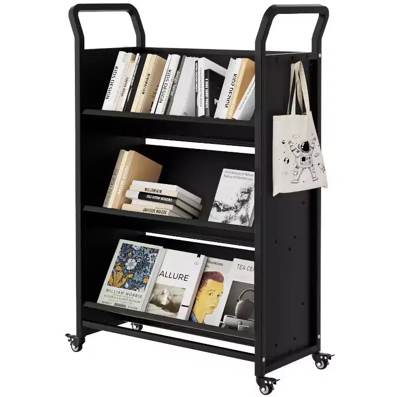 Carrello a rotelle in metallo a V, 4 ruote bloccabili e ganci laterali, scaffale portaoggetti a 3 ripiani, per ufficio, scuola, casa
