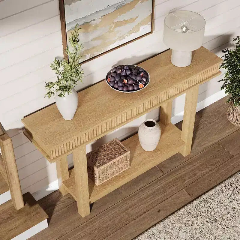 Tavolo da divano extra lungo, tavoli consolle rustici con struttura in legno e ripiano portaoggetti, tavolo in legno a 2 livelli da posizionare dietro il divano per soggiorno, corridoio