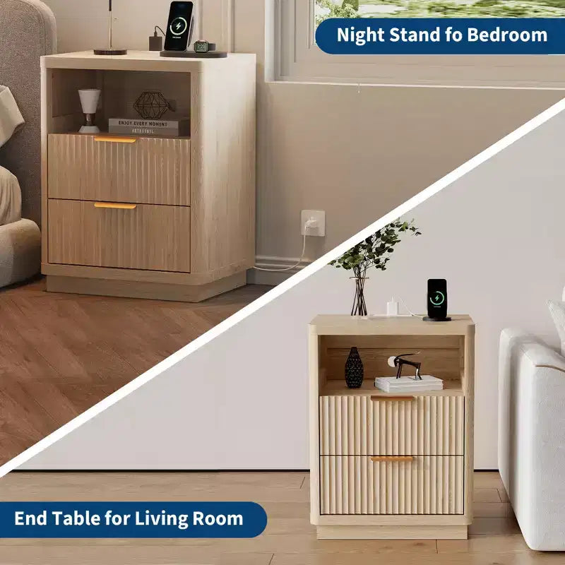 Comodino scanalato moderno di metà secolo con stazione di ricarica, tavolino in legno con angoli arrotondati, elegante comodino per camera da letto