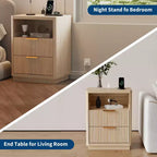 Comodino scanalato moderno di metà secolo con stazione di ricarica, tavolino in legno con angoli arrotondati, elegante comodino per camera da letto